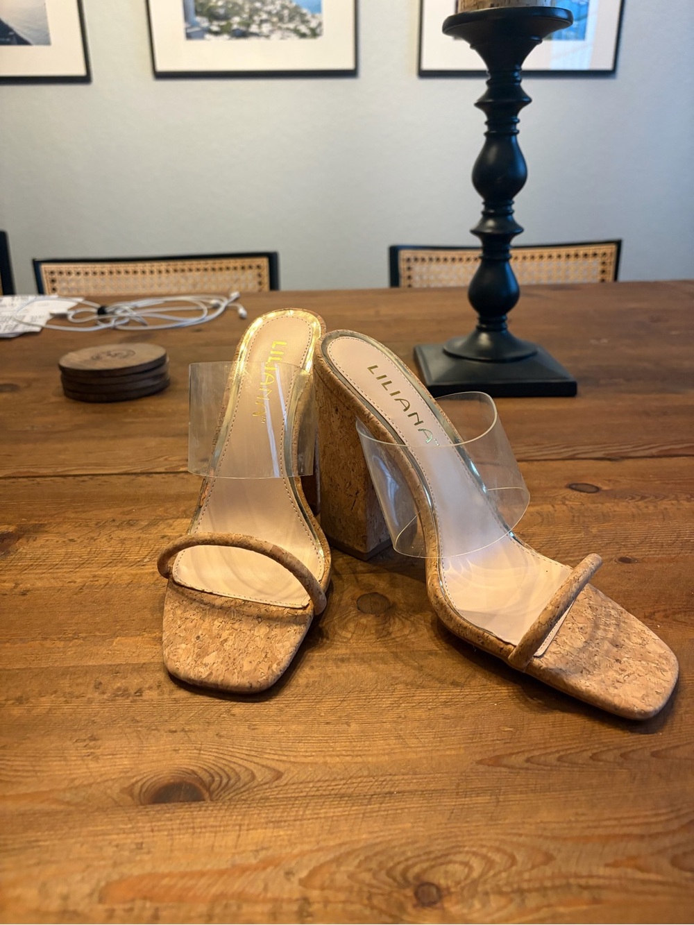 Liliana Cork Block Heels with Clear Straps - Natural